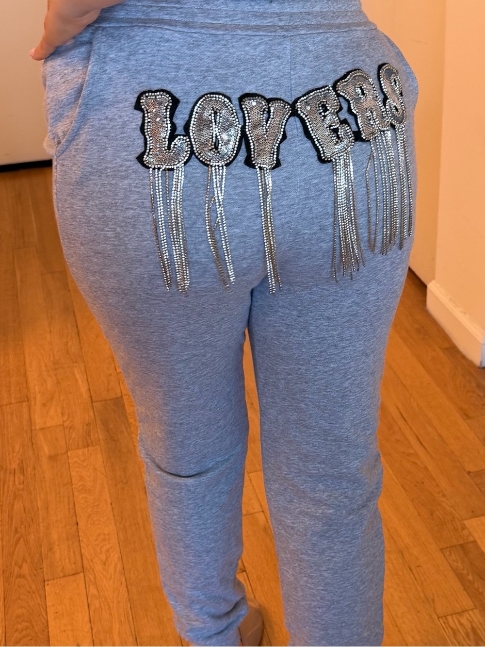 Akira Embellished 'LOVE' Rhinestone Bling on Grey Sweatpants Joggers